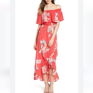 Mimi Chica pink off the shoulder maxi dress with a slit and ruffle.  Size medium